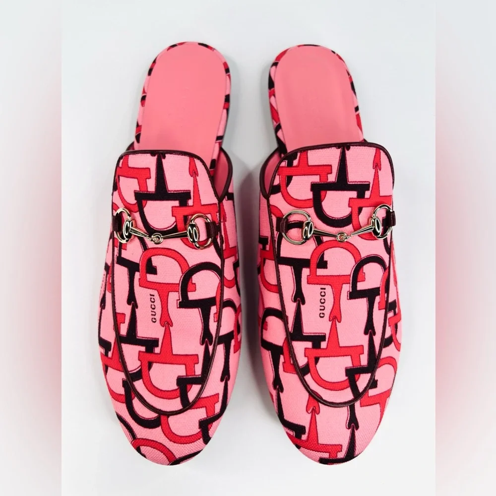 Gucci Princetown Horsebit Logo Print Pink Fabric Flat Loafer Mules Size EU 38.5 - Picture 3 of 12